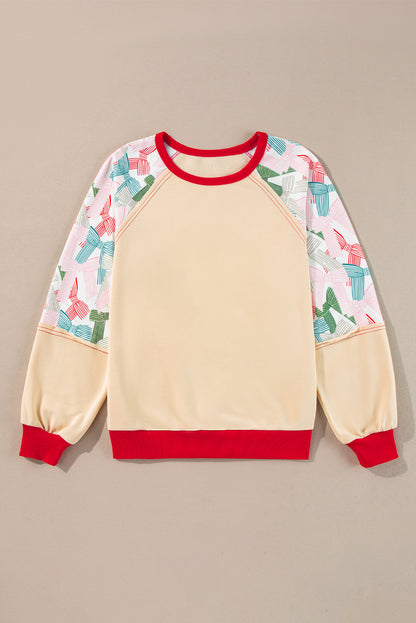 Beige Bowknot Printed Patchwork Raglan Sleeve Colorblock Edge Top