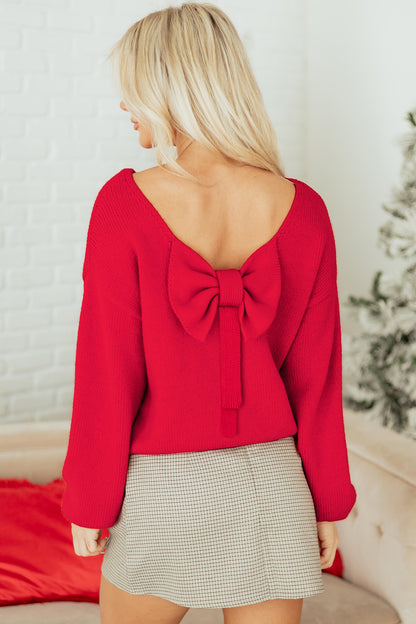 Black Festive Bow Backless Bubble Sleeve Sweater