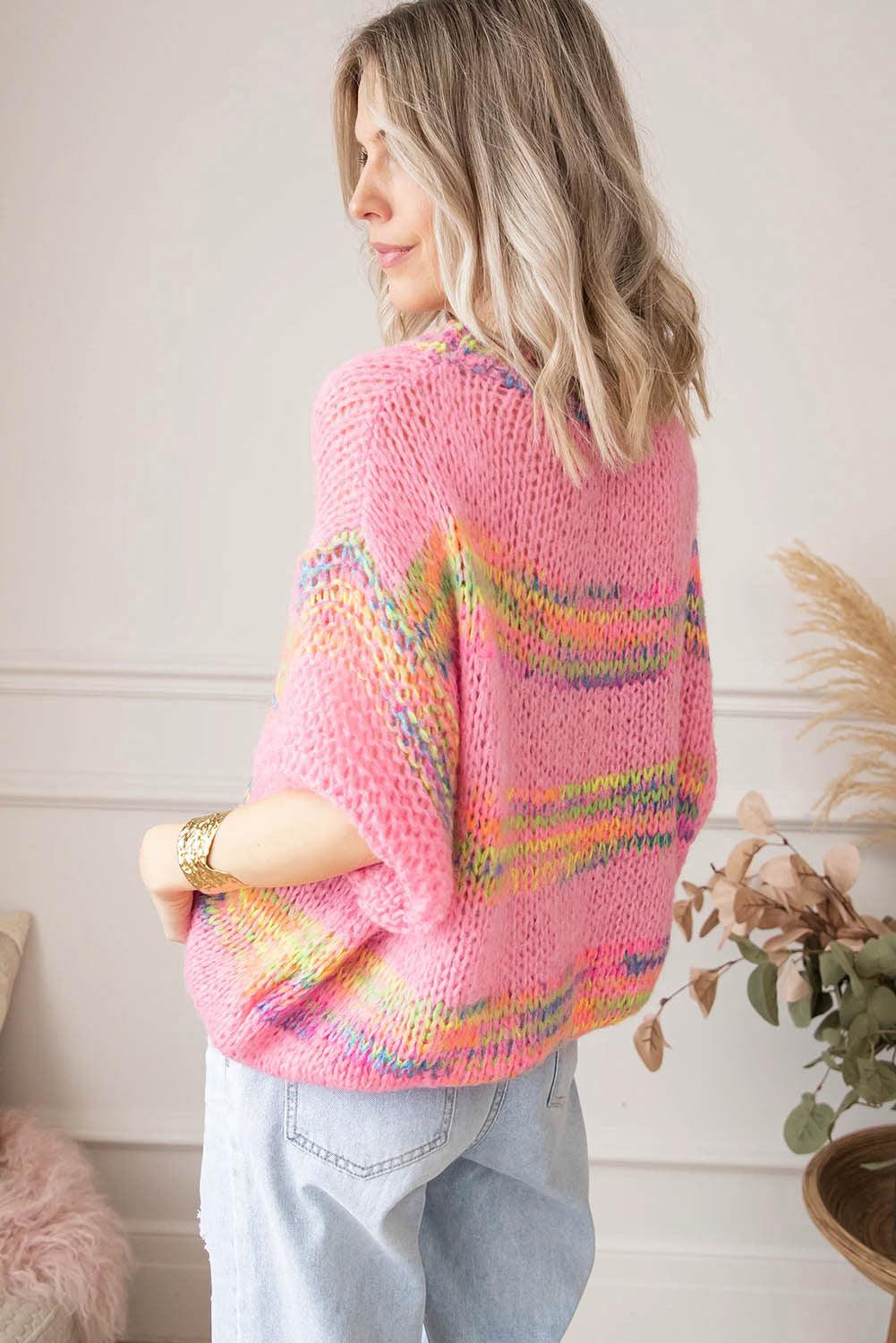 Colorful Stripes 3/4 Sleeve Loose Sweater - L & M Kee, LLC