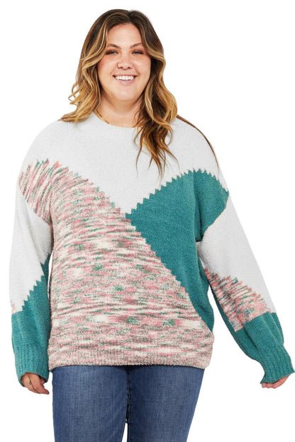 Multicolor Scalloped Color Block Plus Size Sweater - L & M Kee, LLC