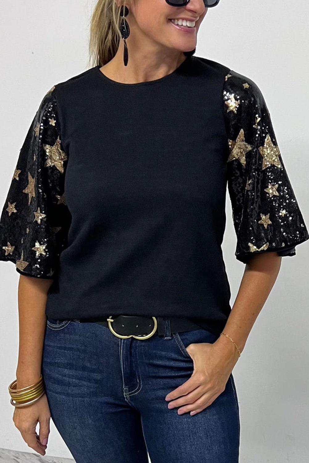 Black Star Sequin Splicing Half Sleeve Top - L & M Kee, LLC