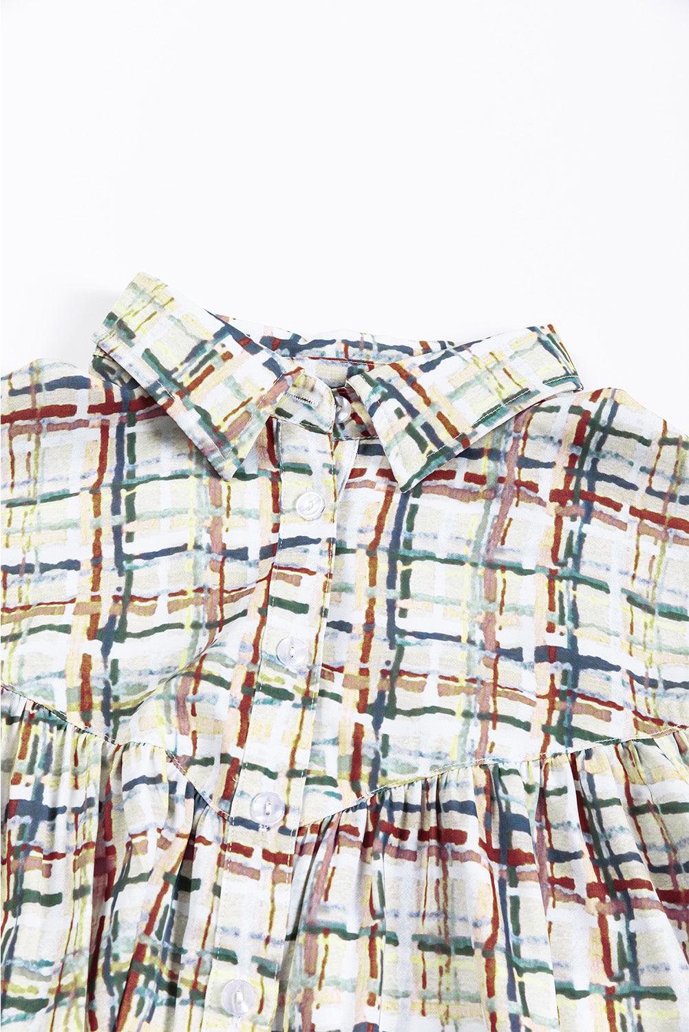 Multicolor Plaid Pattern Puff Sleeve Button up Shirt - L & M Kee, LLC