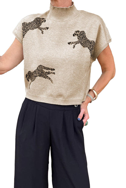 Black Lively Cheetah Pattern High Neck Short Sleeve Sweater - L & M Kee, LLC