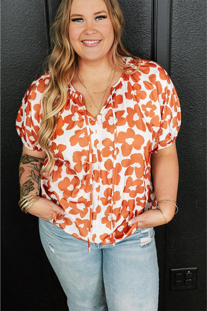 Orange Plus Size Floral Print Drawstring V Neck Short Sleeve Blouse - L & M Kee, LLC