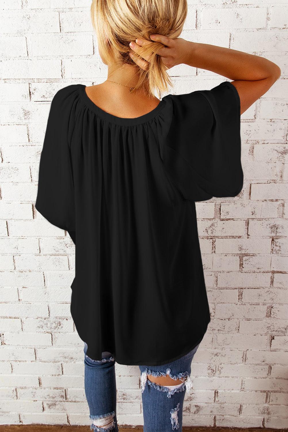 Black Split Neck Pleated Loose Top - L & M Kee, LLC