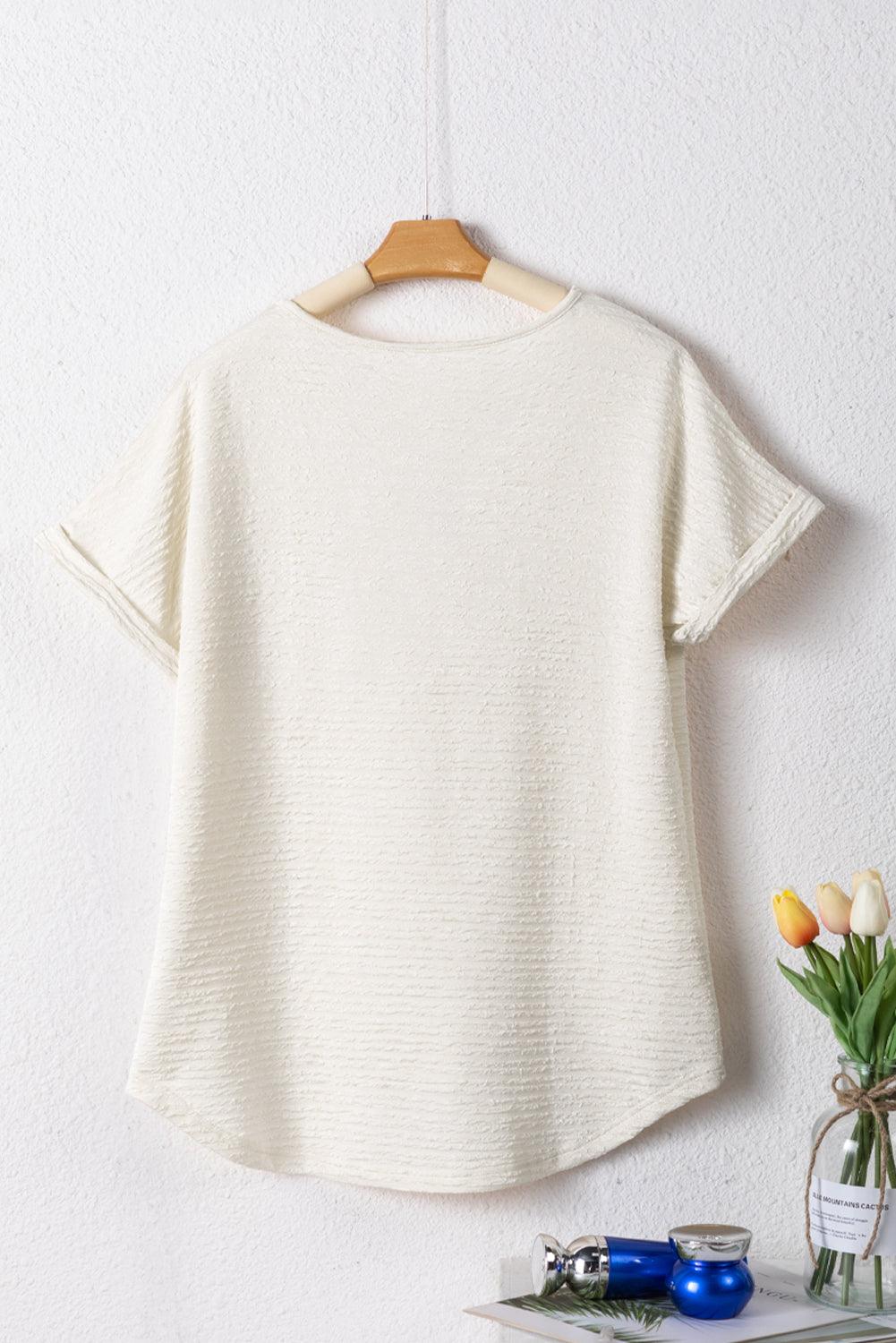 Pale Khaki Textured Wide Sleeve V Neck T Shirt - L & M Kee, LLC