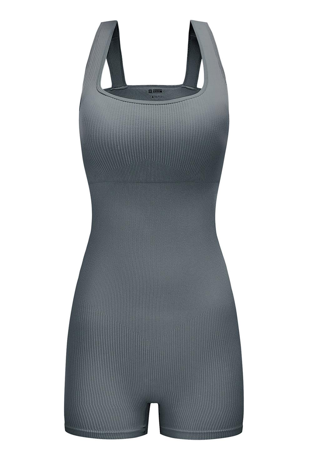 Gray Ribbed Square Neck Padded Sports Romper - L & M Kee, LLC