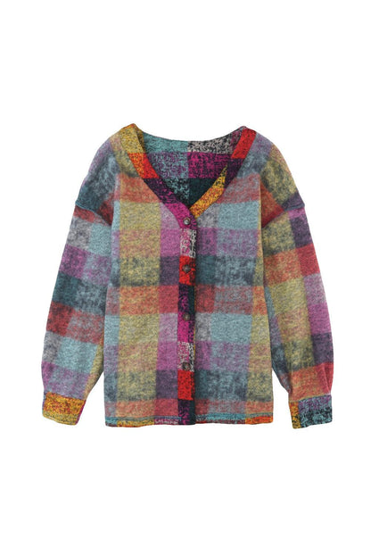 Multicolor Brushed Plaid Pocketed Oversize Shacket - L & M Kee, LLC