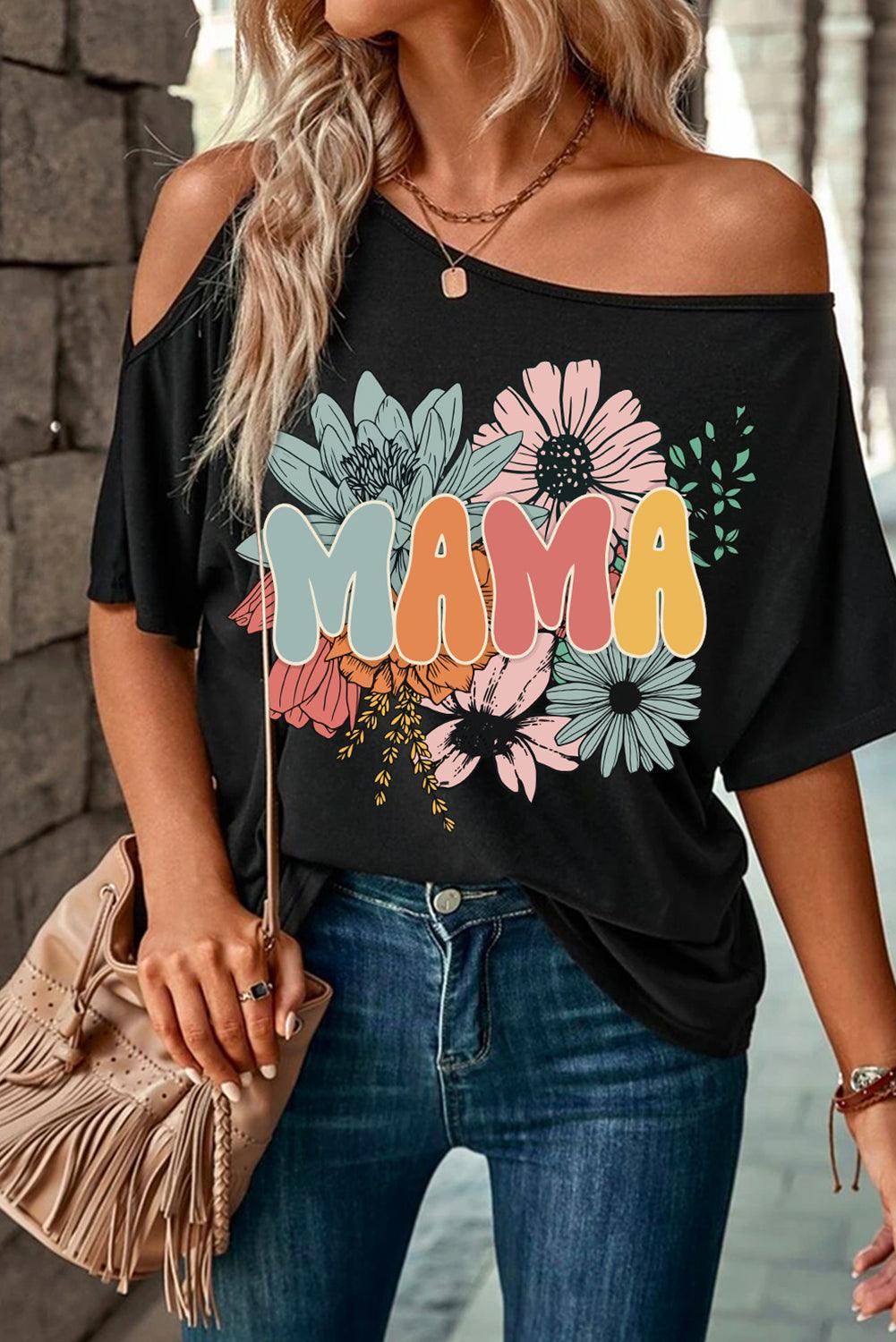 Black MAMA Flower Print Asymmetric Neck Casual T Shirt - L & M Kee, LLC