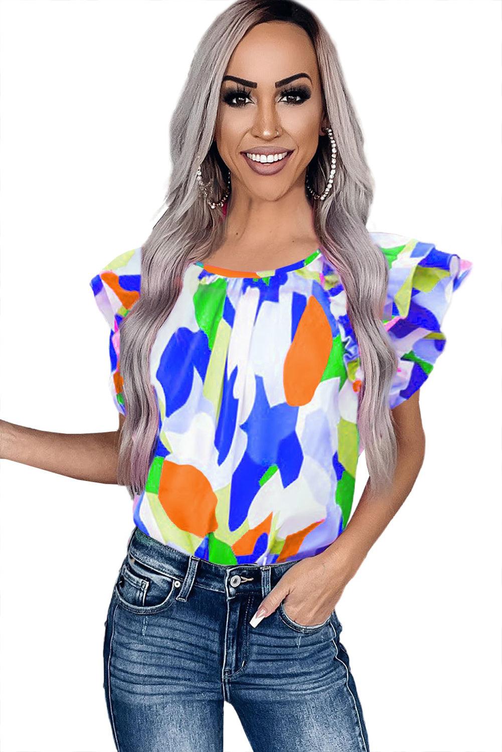 Multicolor Abstract Pattern Ruffle Short Sleeves Blouse - L & M Kee, LLC