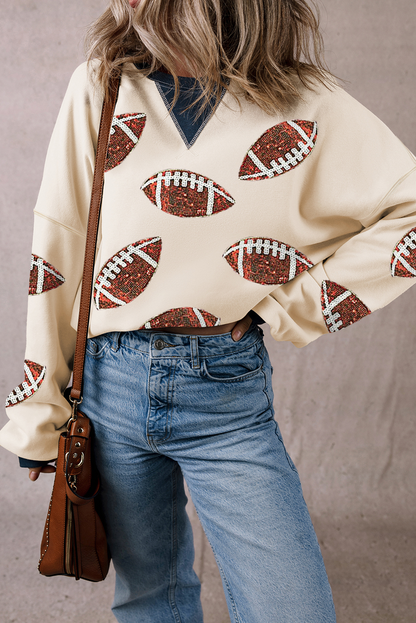 White Sequin Football Graphic Crew Colorblock Sweatshirt