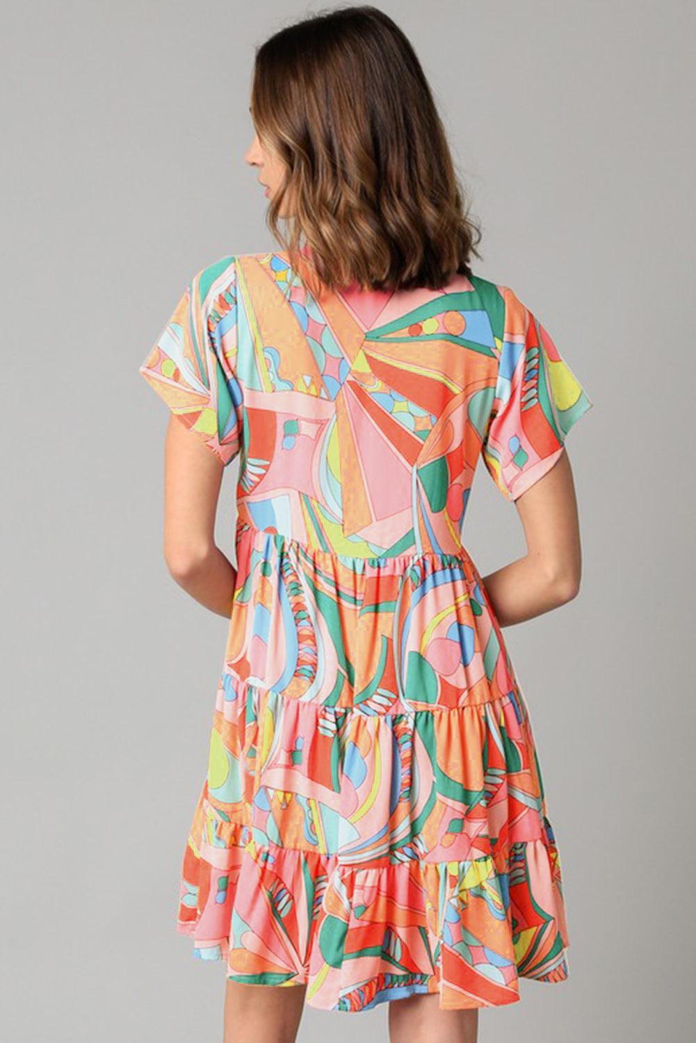 Multicolor Abstract Geometric Print Tassel Tie Flared Dress - L & M Kee, LLC