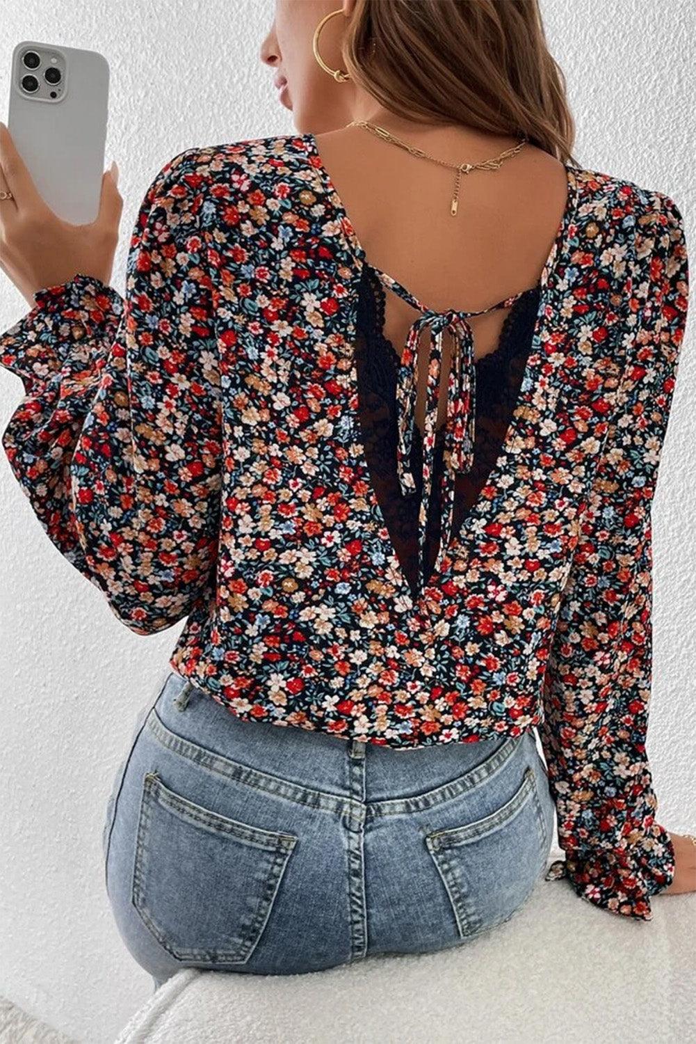 Red V Cut Lace Patch Tie-up Ruffled Puff Sleeve Floral Blouse - L & M Kee, LLC