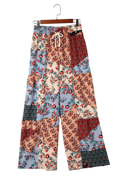 Multicolor Boho Patchwork Print Drawstring Wide Leg Pants - L & M Kee, LLC