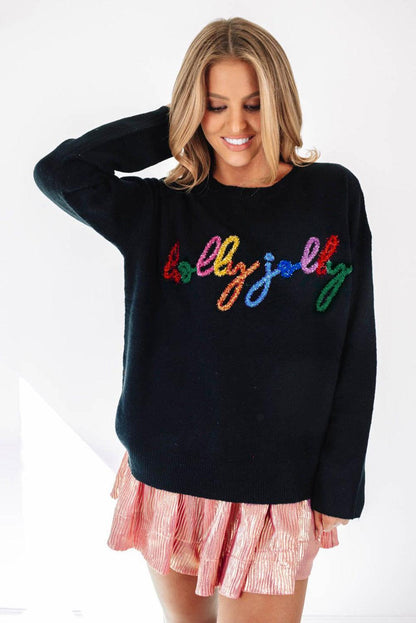 Black Holly Jolly Round Neck Casual Sweater - L & M Kee, LLC