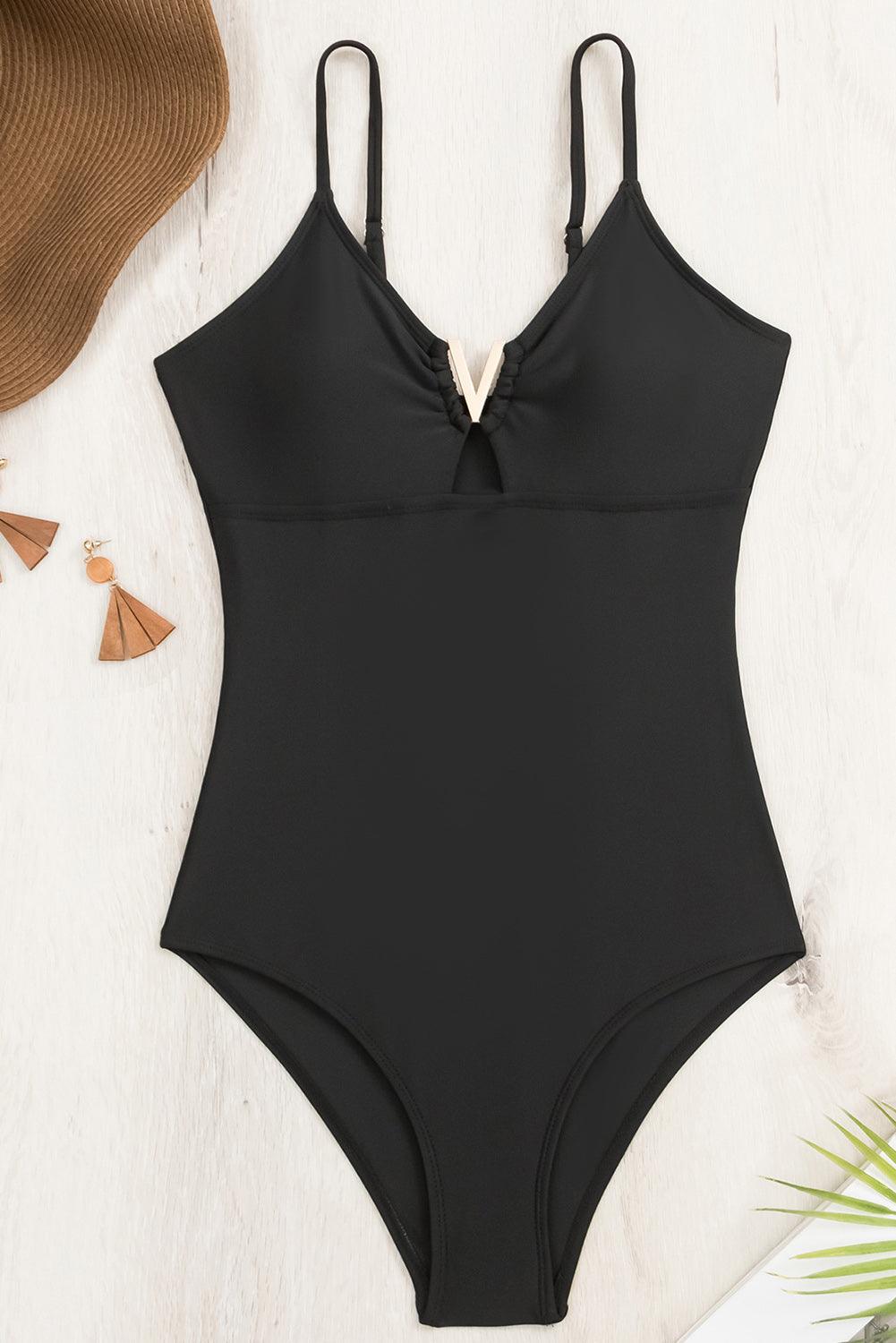 Black Spaghetti Straps Metal V Decor One-Piece Swimsuit - L & M Kee, LLC