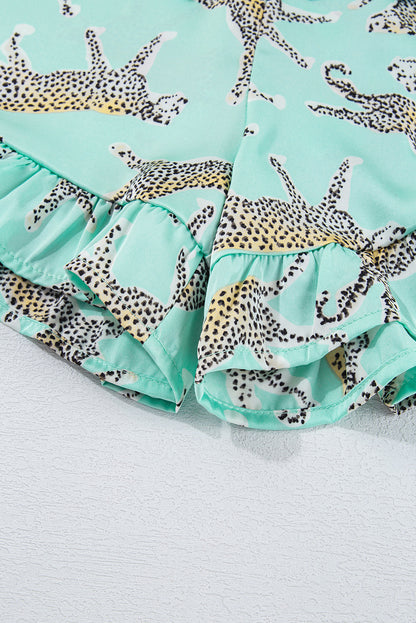 Green Leopard Satin Ruffle Pajama Short Set