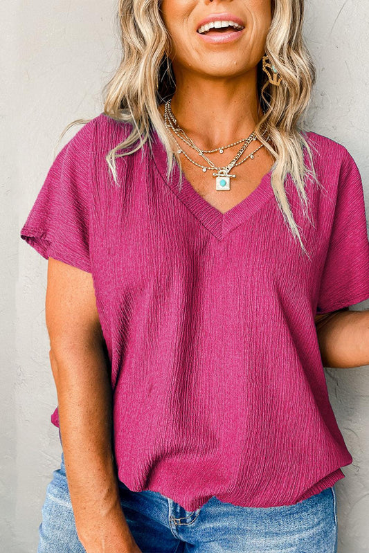 Bright Pink Textured V Neck Bubble Hem Plus Top - L & M Kee, LLC