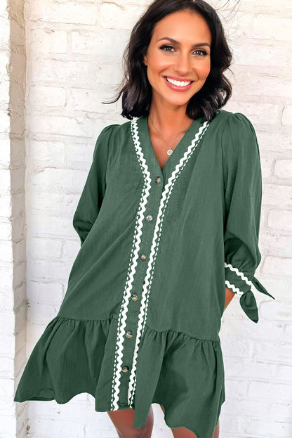 Canton Contrast Ricrac Trim Button V Neck Knotted Bracelet Sleeve Shift Dress