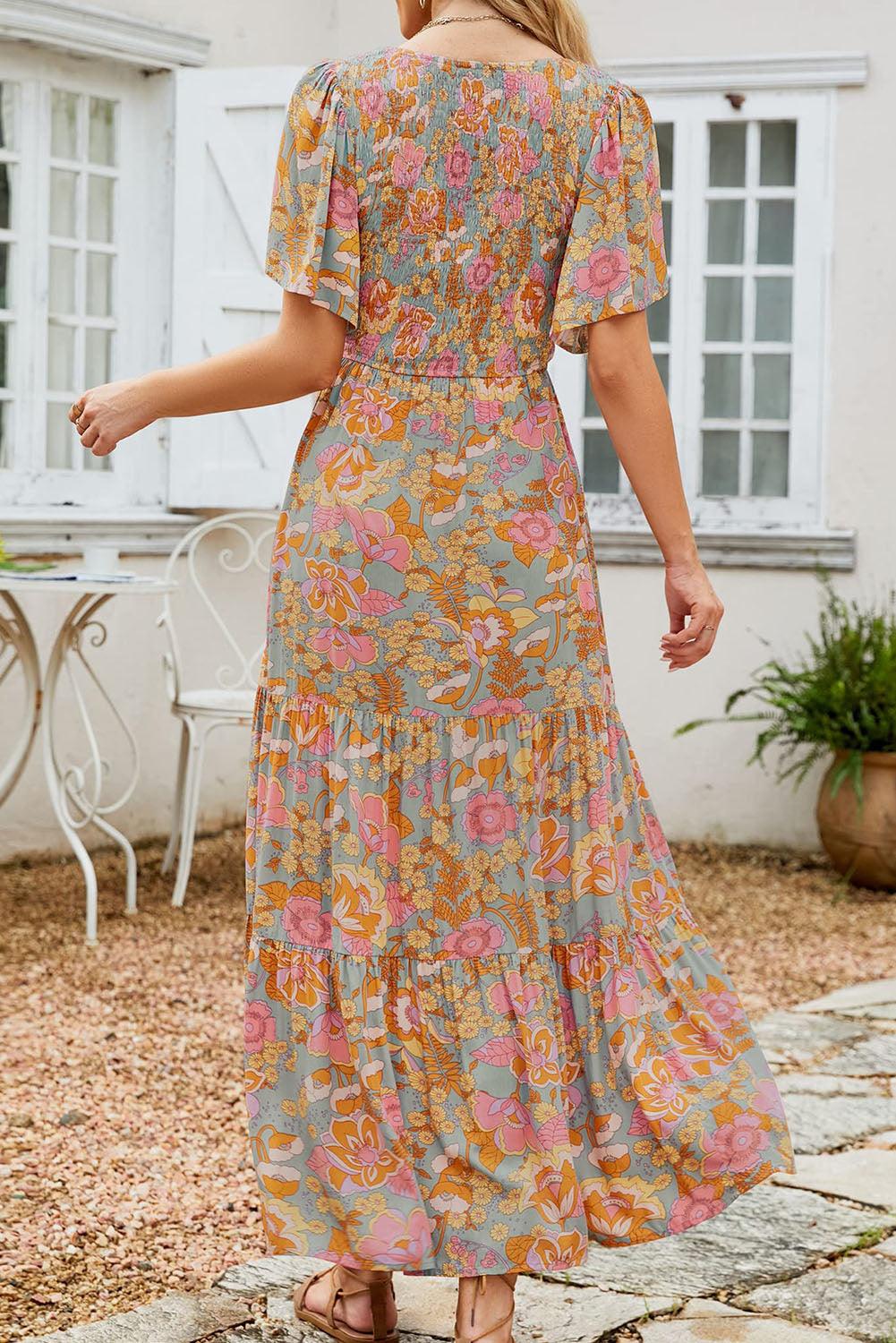 Boho Wide Sleeve Smocked Waist Floral Dress - L & M Kee, LLC