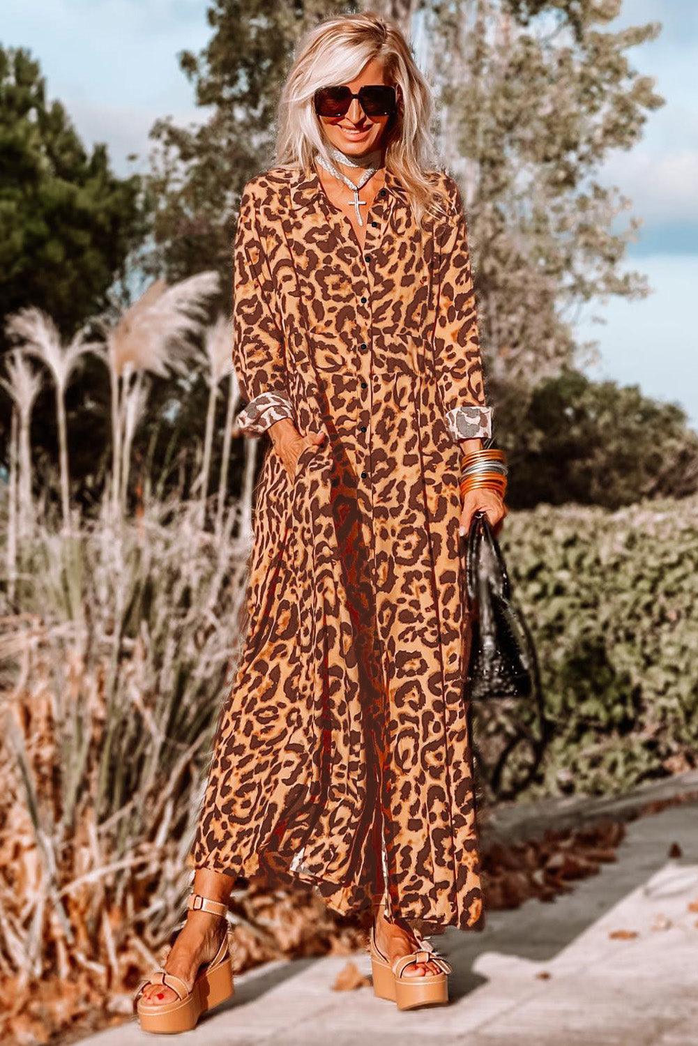 Leopard Button-Up Long Sleeve Maxi Dress - L & M Kee, LLC