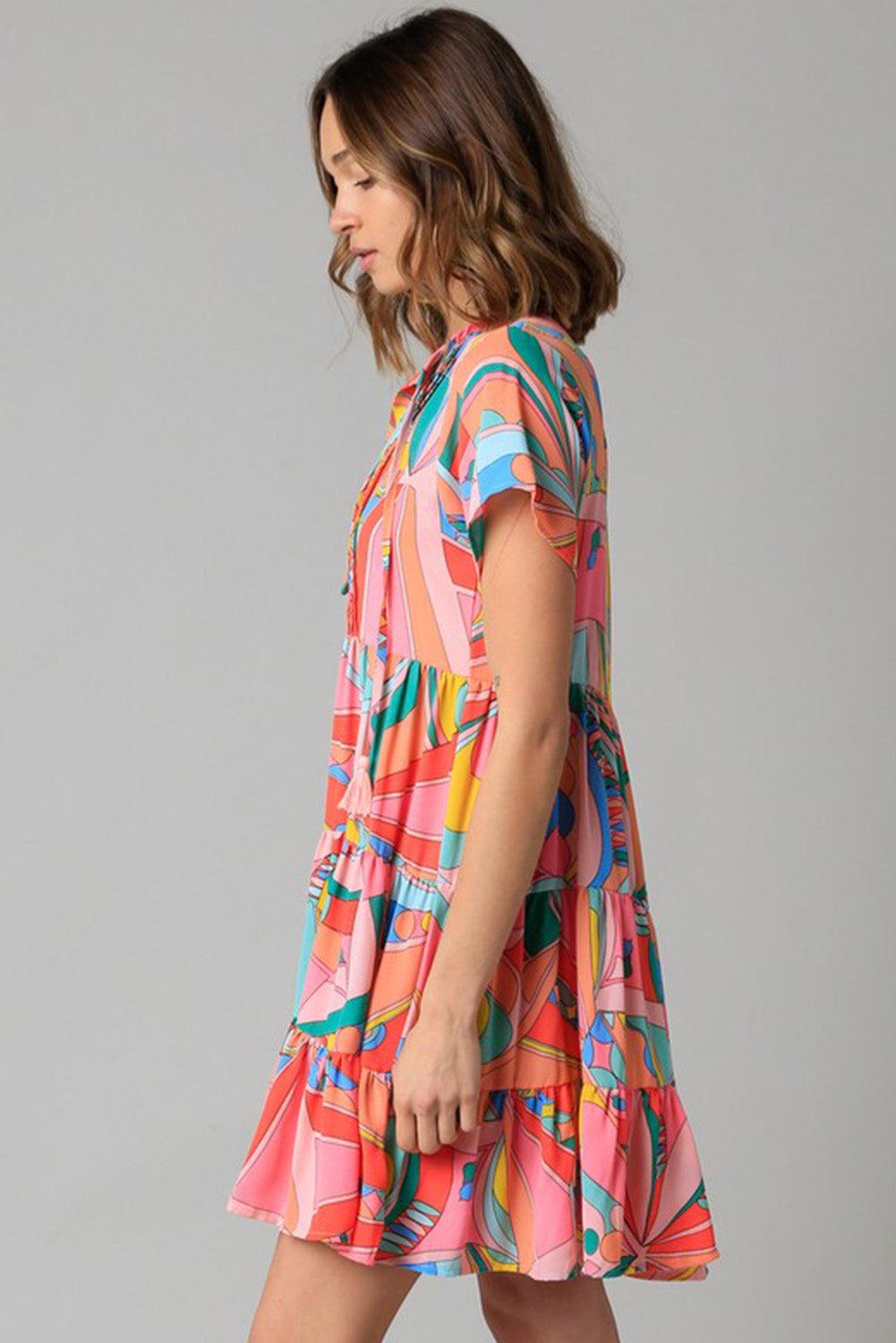 Multicolor Geometric Abstract Print Long Sleeve Shirt Dress - L & M Kee, LLC