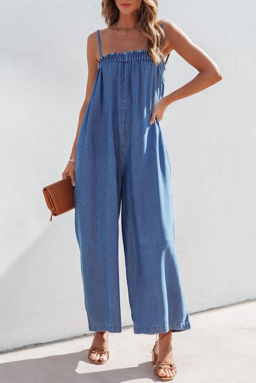 Blue Spaghetti Straps Frilled Neckline Pocketed Wide Leg Denim Jumpsuit - L & M Kee, LLC