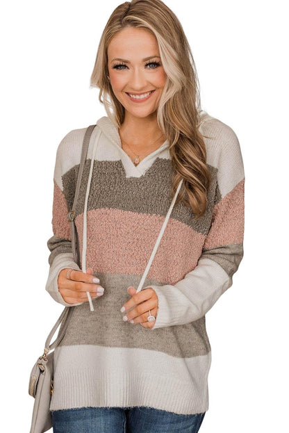 Color Block Knitted Drawstring Hooded Sweater - L & M Kee, LLC