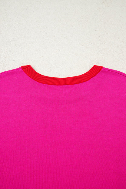Rose Red Contrast Trim Round Neck Short Sleeve Loose Knit Sweater