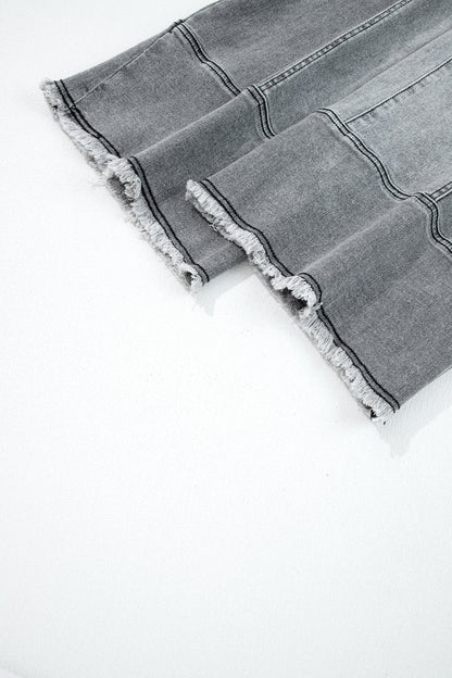 Gray Drawstring Seam Detail Raw Hem Wide Leg Denim Pants