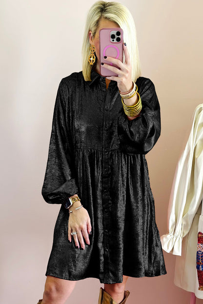 Black Metallic Sheen Puff Sleeve Button Up Mini Shirt Dress