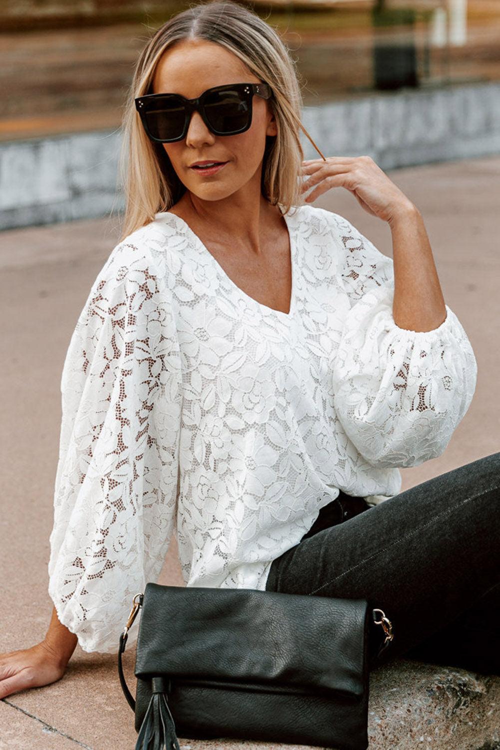 Floral Lace Crochet Loose Fit V Neck Top - L & M Kee, LLC