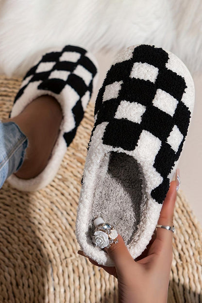 Black Checkered Print Fuzzy Slip On Winter Slippers - L & M Kee, LLC