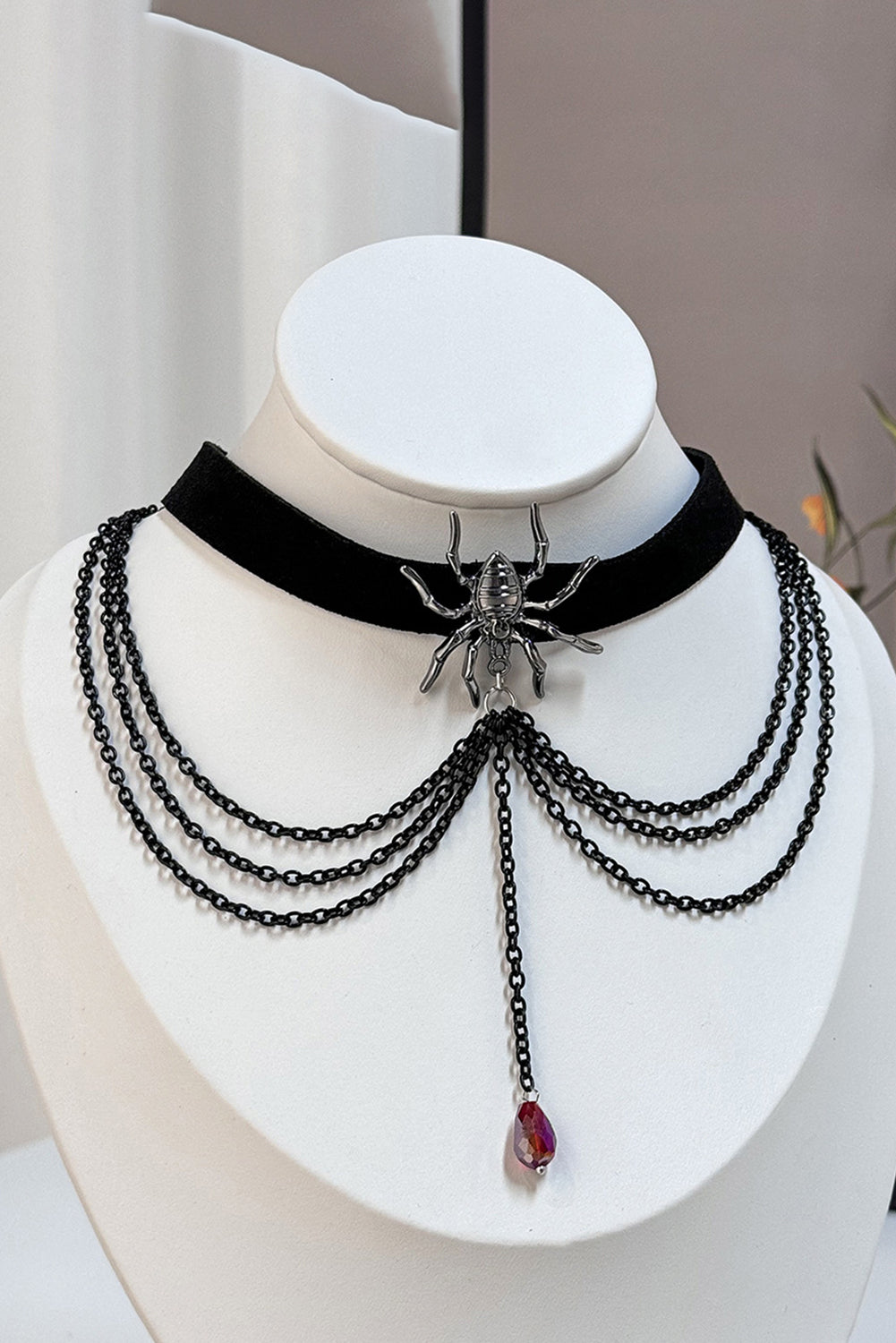 Black Spider Layered Chain Bead Pendant Choker Necklace