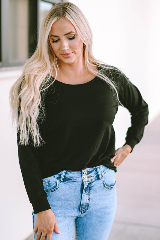 Solid Casual Round Neck Raglan Long Sleeve Tee - L & M Kee, LLC