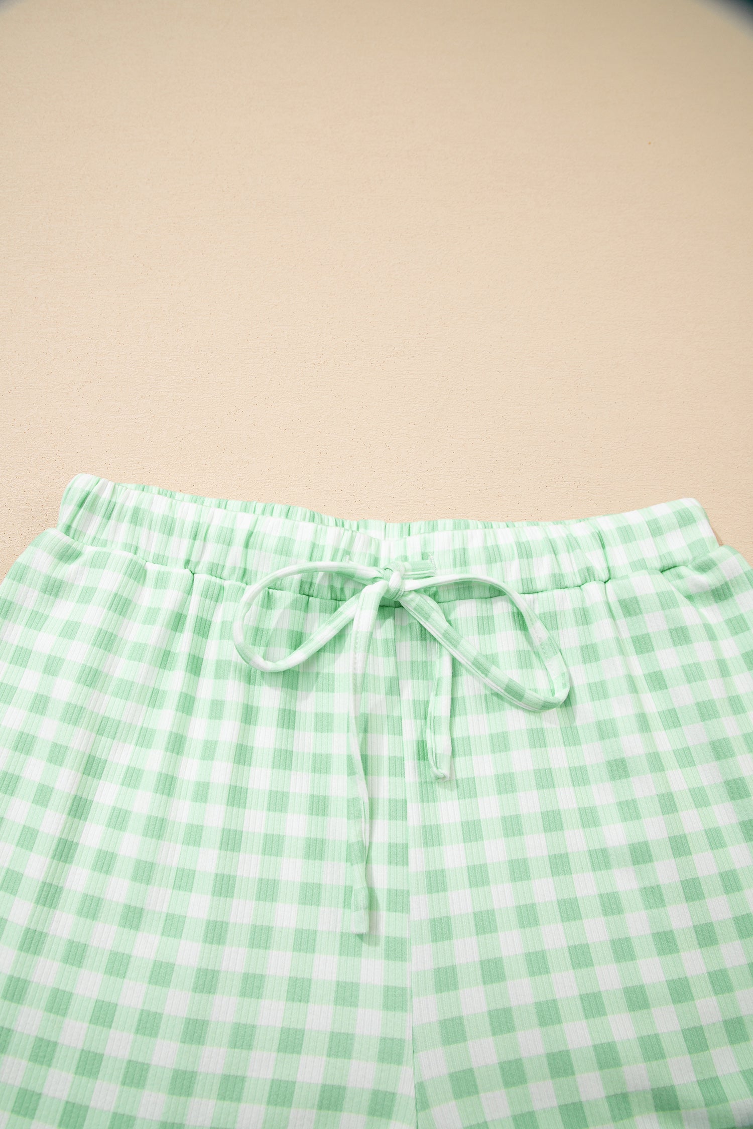 Green Gingham Long Sleeve Loose Top Drawstring Shorts 2pcs Lounge Set
