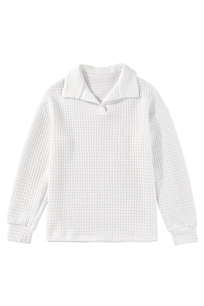 White Quilted Texture Sporty Collared Long Sleeve Top