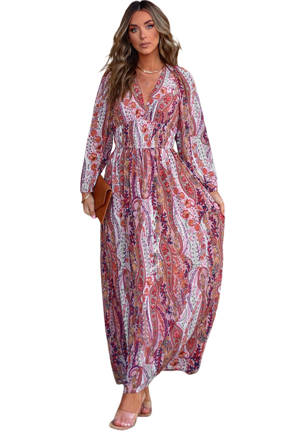 Multicolour Boho Paisley Print V Neck Empire Waist Maxi Dress - L & M Kee, LLC