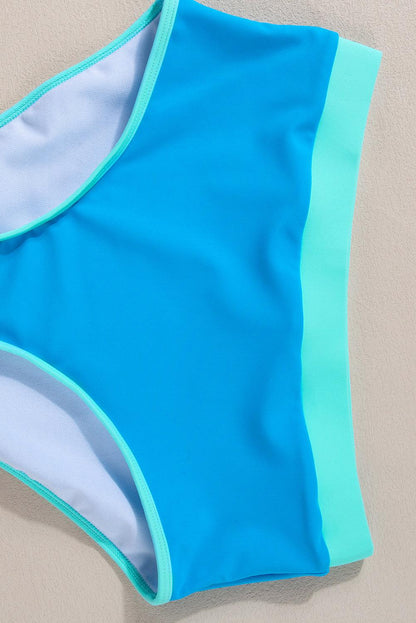 Blue Contrast Trim Crisscross Back High Waisted Bikini - L & M Kee, LLC