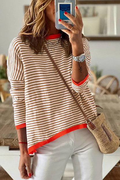 Brown Contrast Trimmed Striped Drop Shoulder Sweater - L & M Kee, LLC