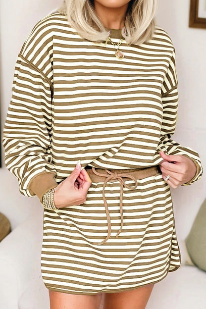 Black Stripe Textured Drop Shoulder Pullover Top Drawstring Mini Skirt Two Piece Dress Set