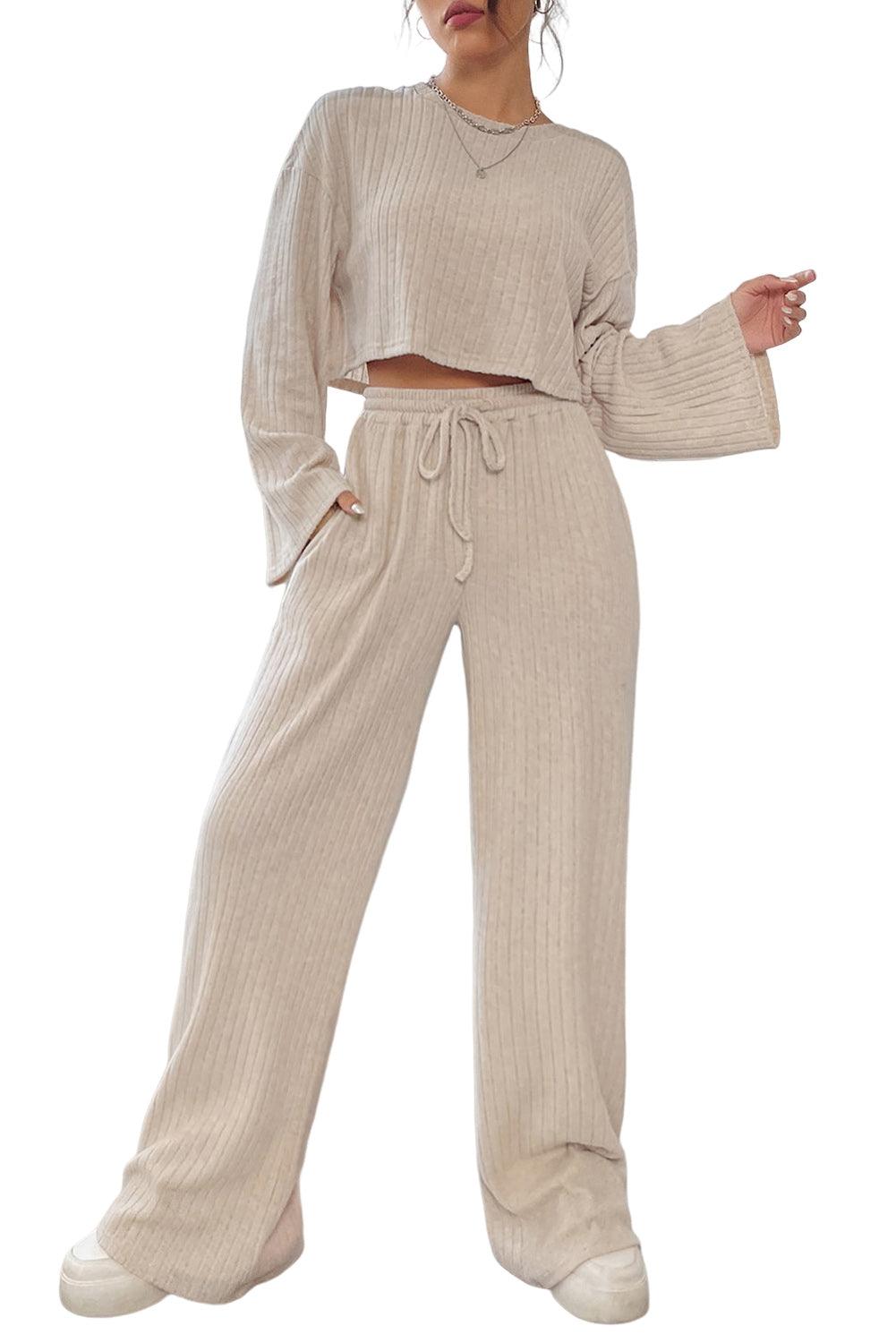 Khaki Ribbed Knit Bell Sleeve Crop Top Drawstring Pants Set - L & M Kee, LLC