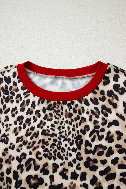 Brown Leopard Print Contrast Trim Round Neck Long Sleeve Top