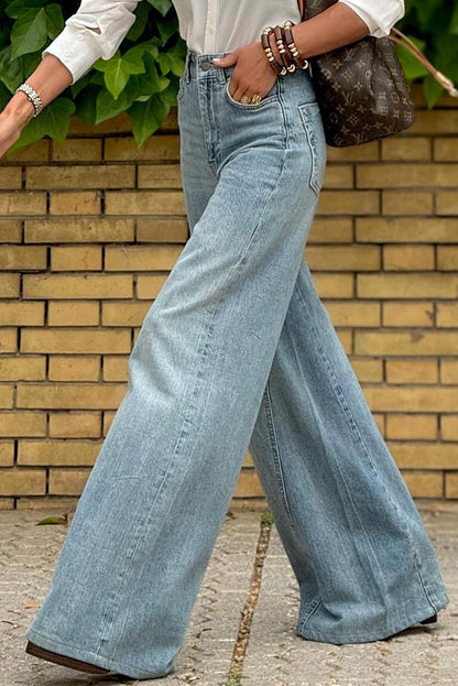 Dusk Blue Acid Wash Extra Wide Leg High Waist Long Jeans - L & M Kee, LLC