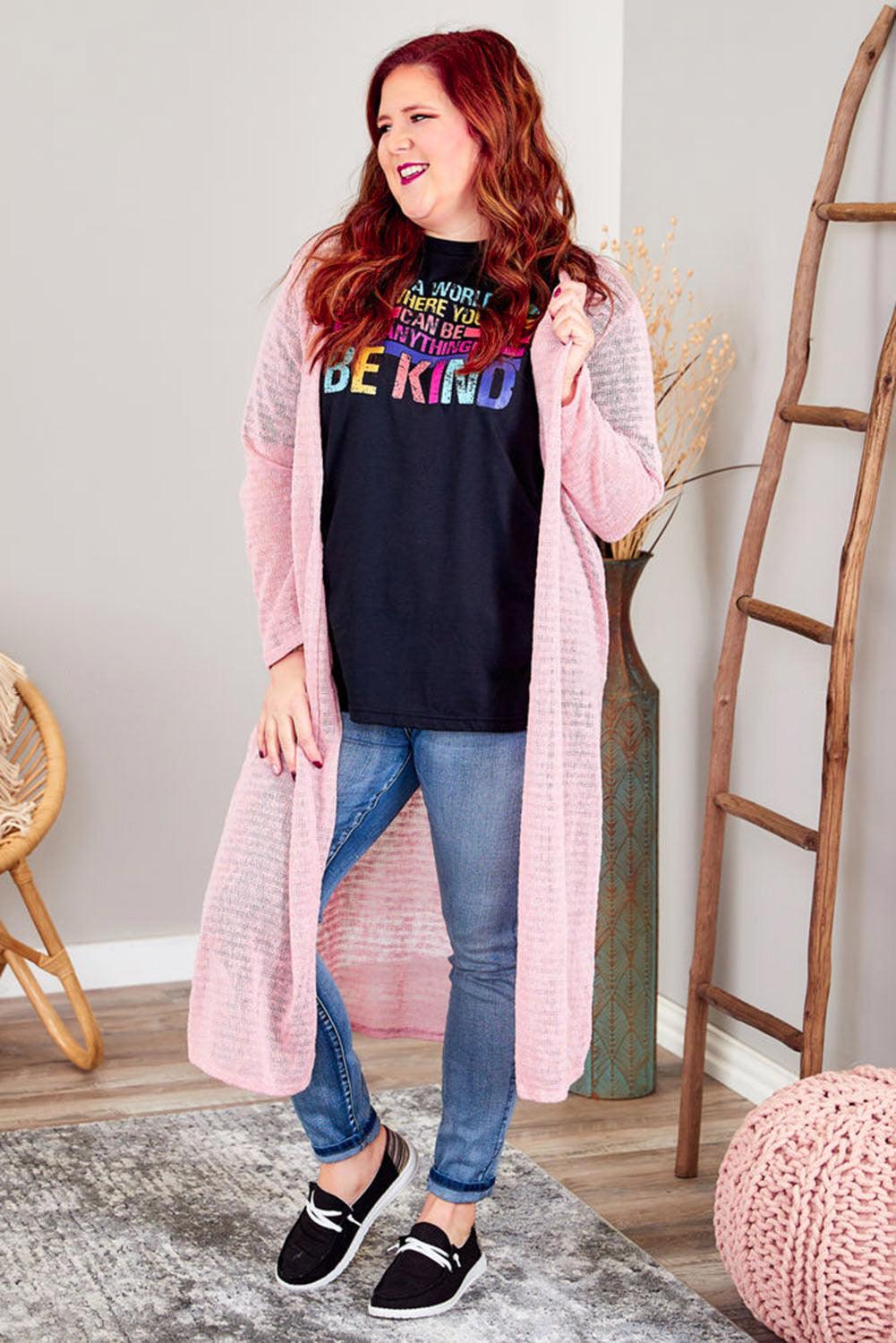 Pink Sheer Knitted Long Side Slit Plus Size Cardigan - L & M Kee, LLC