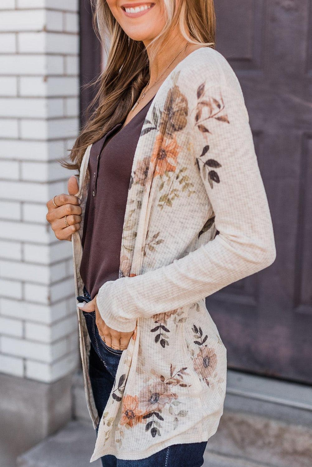 Floral Print Ribbed Knit Slim Fit Cardigan - L & M Kee, LLC