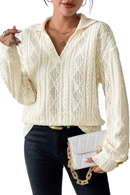 White Cable Rhombus Texture Collared Split Neck Top - L & M Kee, LLC