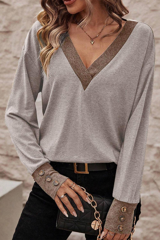 Khaki Contrast V Neck Button Cuffed Long Sleeve Top - L & M Kee, LLC