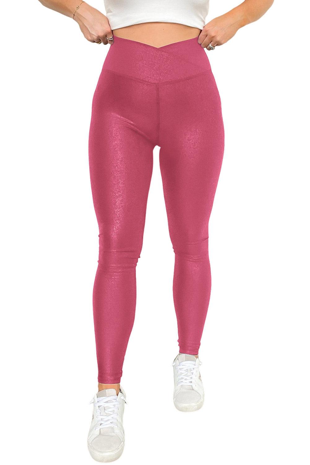 Rose Red Crossed Dip Waist Sleek Leather Leggings - L & M Kee, LLC