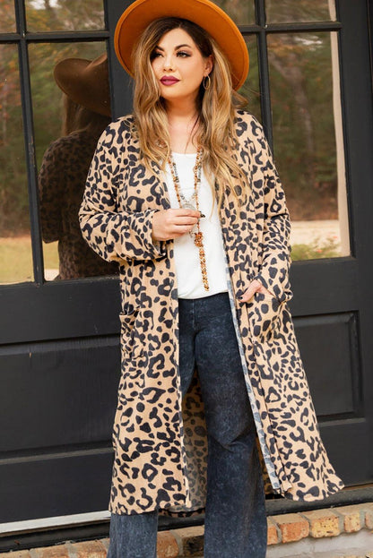 Leopard Plus Size Open Front Pocketed Long Cardigan - L & M Kee, LLC